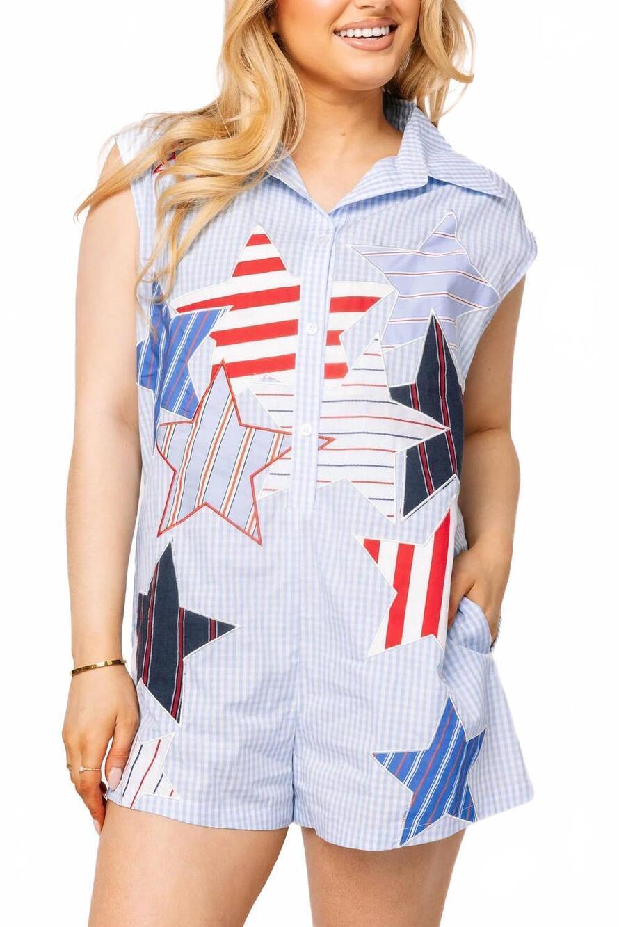 NEW QUEEN OF SPARKLES usa stripe patch stars romper in blue & white gingham